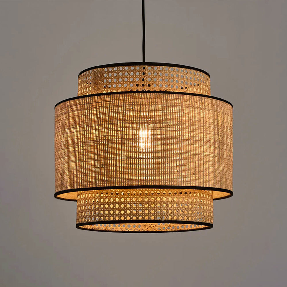 Ritta Wabi Sabi Trójwarstwowa cylindryczna lampa wisząca z rattanu i metalu, drewniana