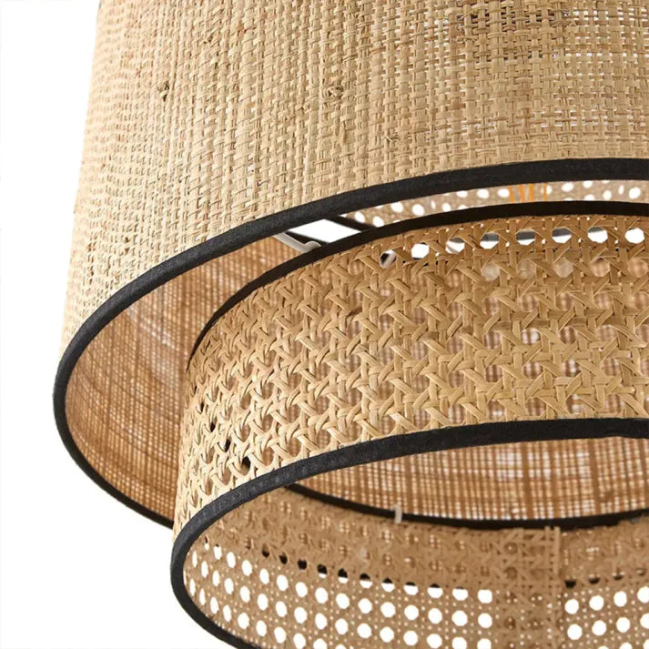 Ritta Wabi Sabi Trójwarstwowa cylindryczna lampa wisząca z rattanu i metalu, drewniana