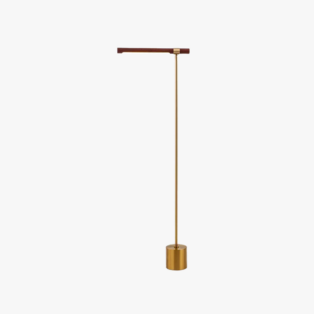 Edge lampa stojąca liniowa minimalistyczna, metal/drewno, złoto, salon