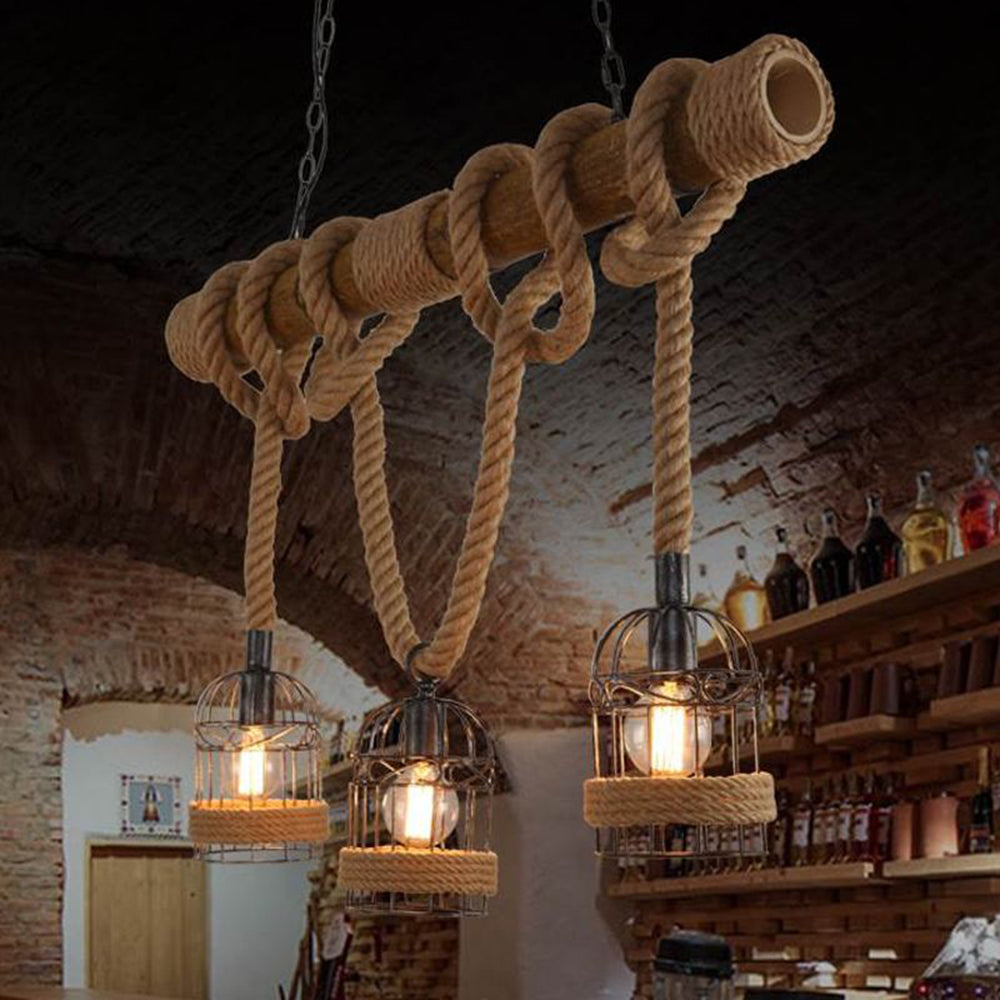 Silva Vintage 3 punkty świetlne drewniana lampa wisząca ze sznurem