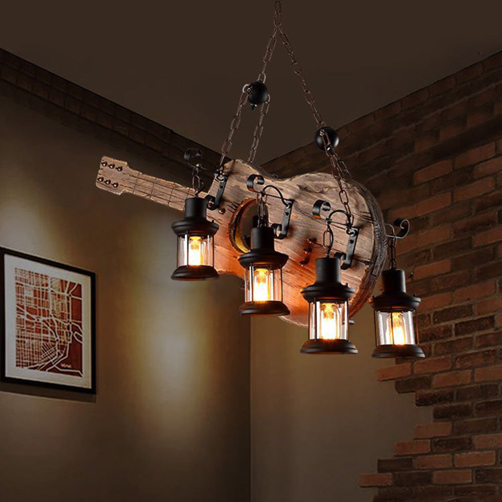 Epoch Retro gitara metalowa i drewniana lampa wisząca, 4 punkty świetlne