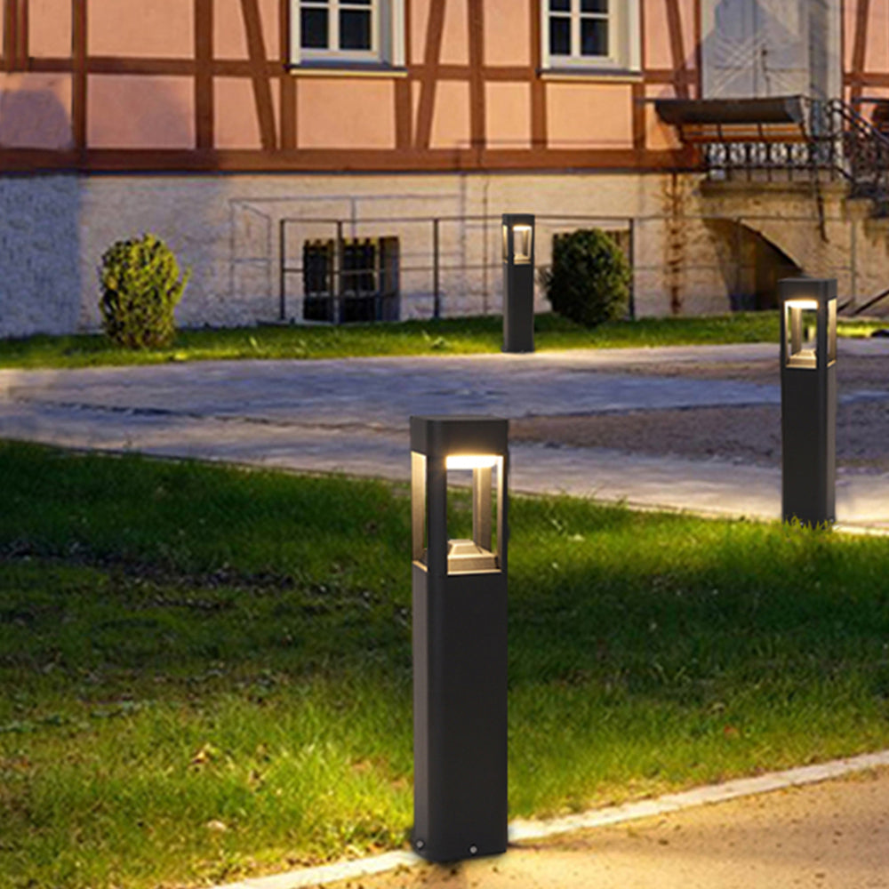 Ray zewnętrzna lampa ścieżkowa z metalu o prostokątnym kształcie i pustej konstrukcji, czarna