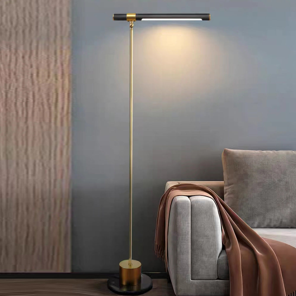 Edge lampa stojąca liniowa minimalistyczna, metal/drewno, złoto, salon