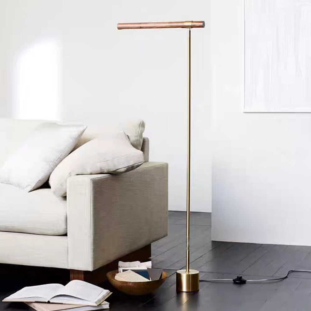 Edge lampa stojąca liniowa minimalistyczna, metal/drewno, złoto, salon