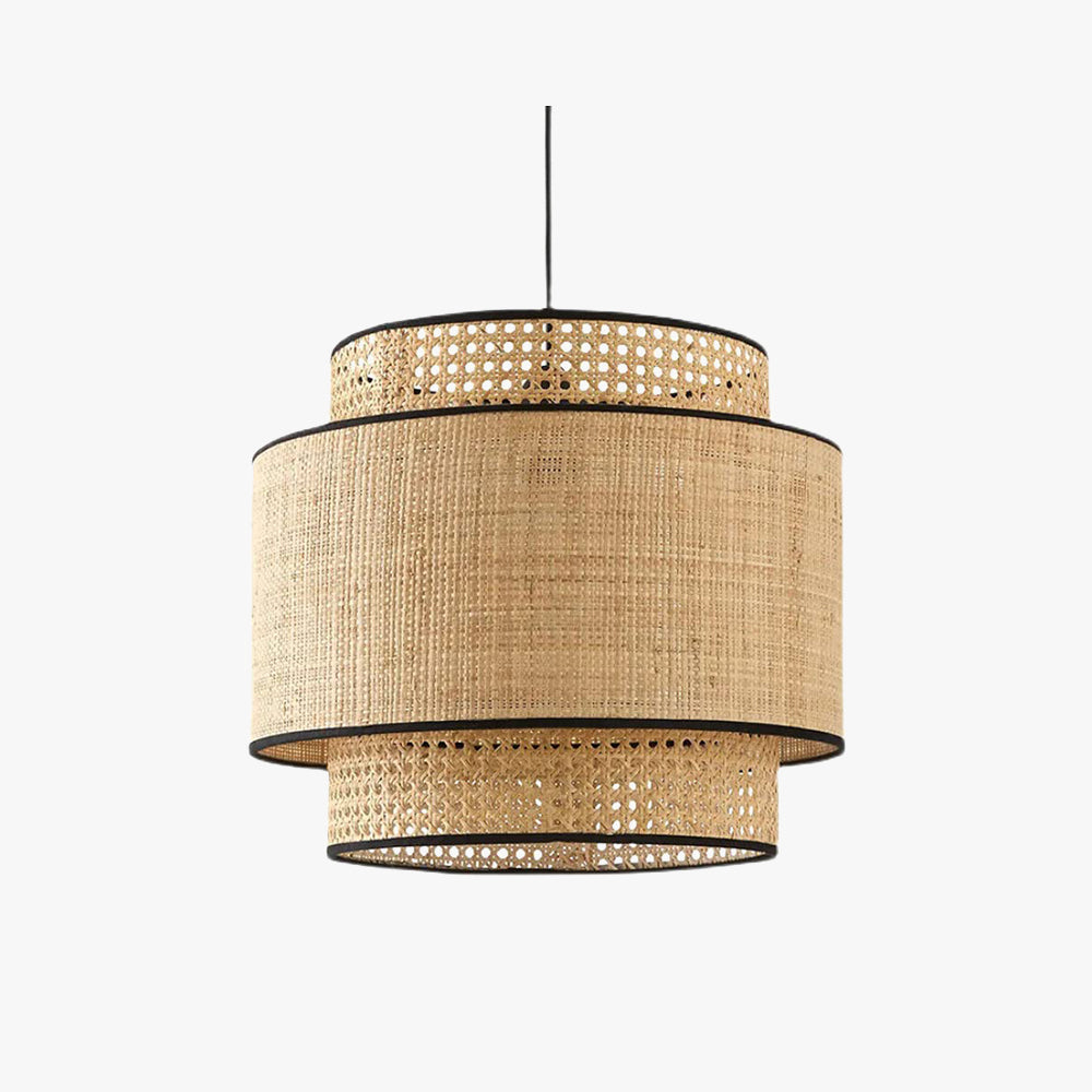 Ritta Wabi Sabi Trójwarstwowa cylindryczna lampa wisząca z rattanu i metalu, drewniana