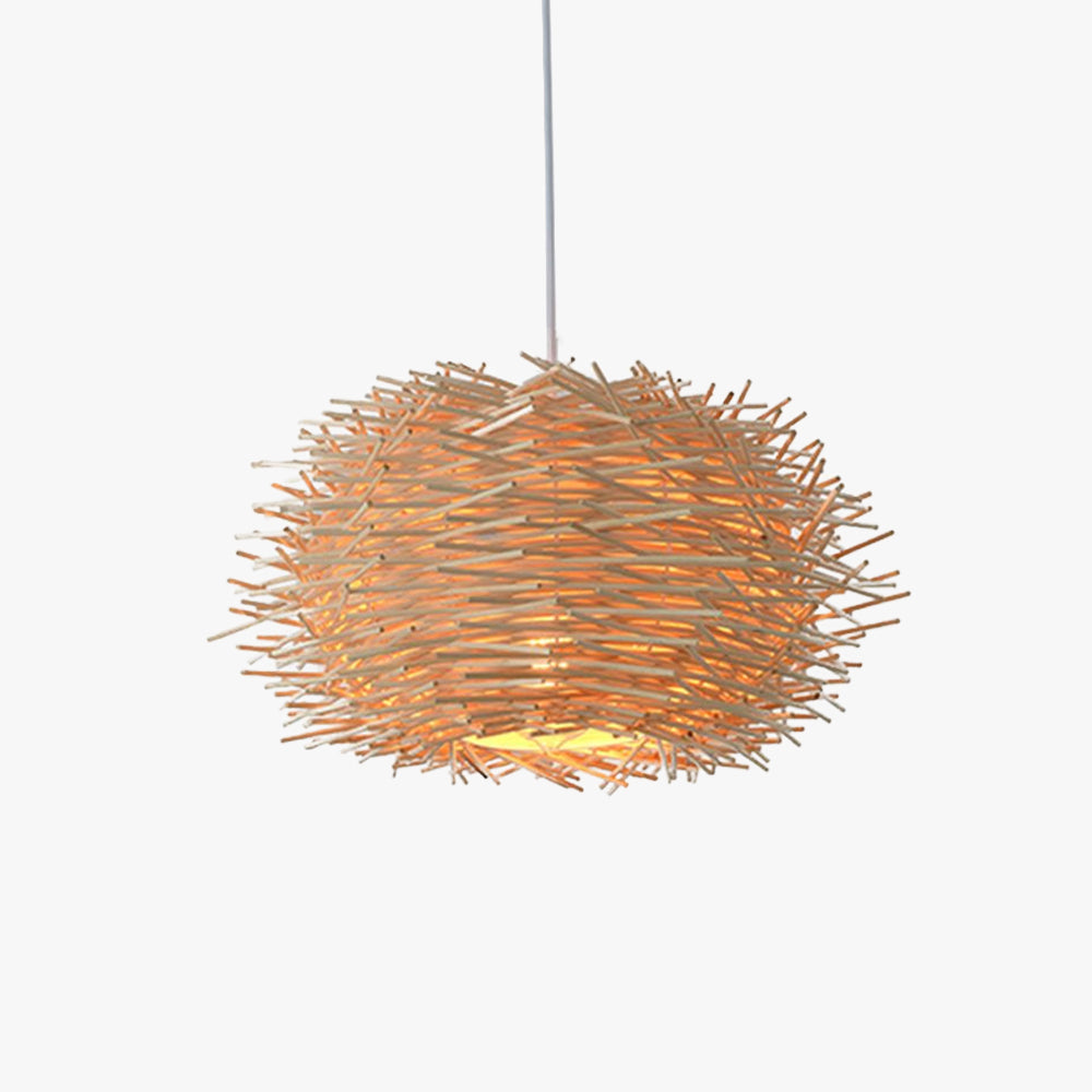 Lampa wisząca Muto z rattanu w kształcie gniazda ptaka, brąz/drewno