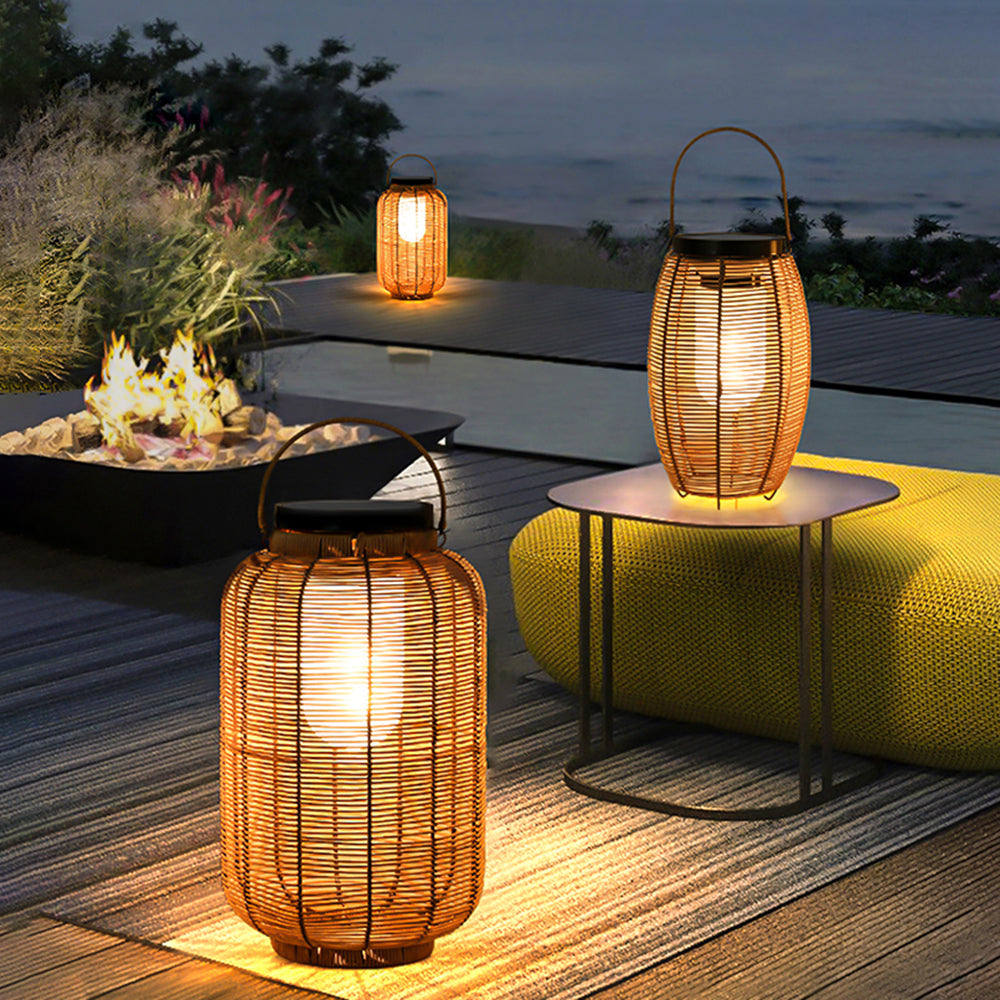 Ray Retro latarnia z rattanu i metalu lampa stojąca w kolorze drewna