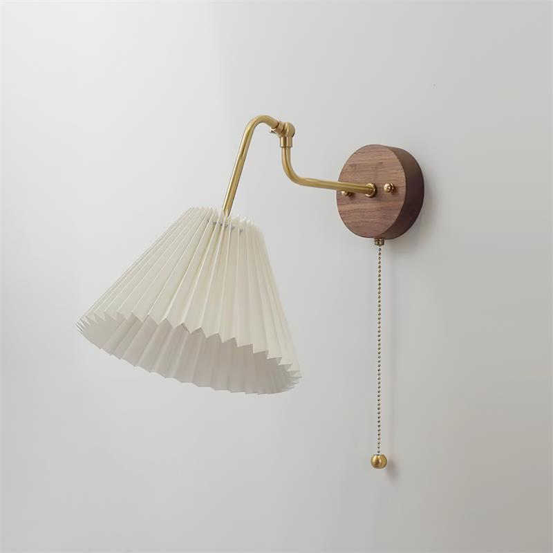 Vintage Brass & Walnut Kinkiet z kloszem z płótna ze składek