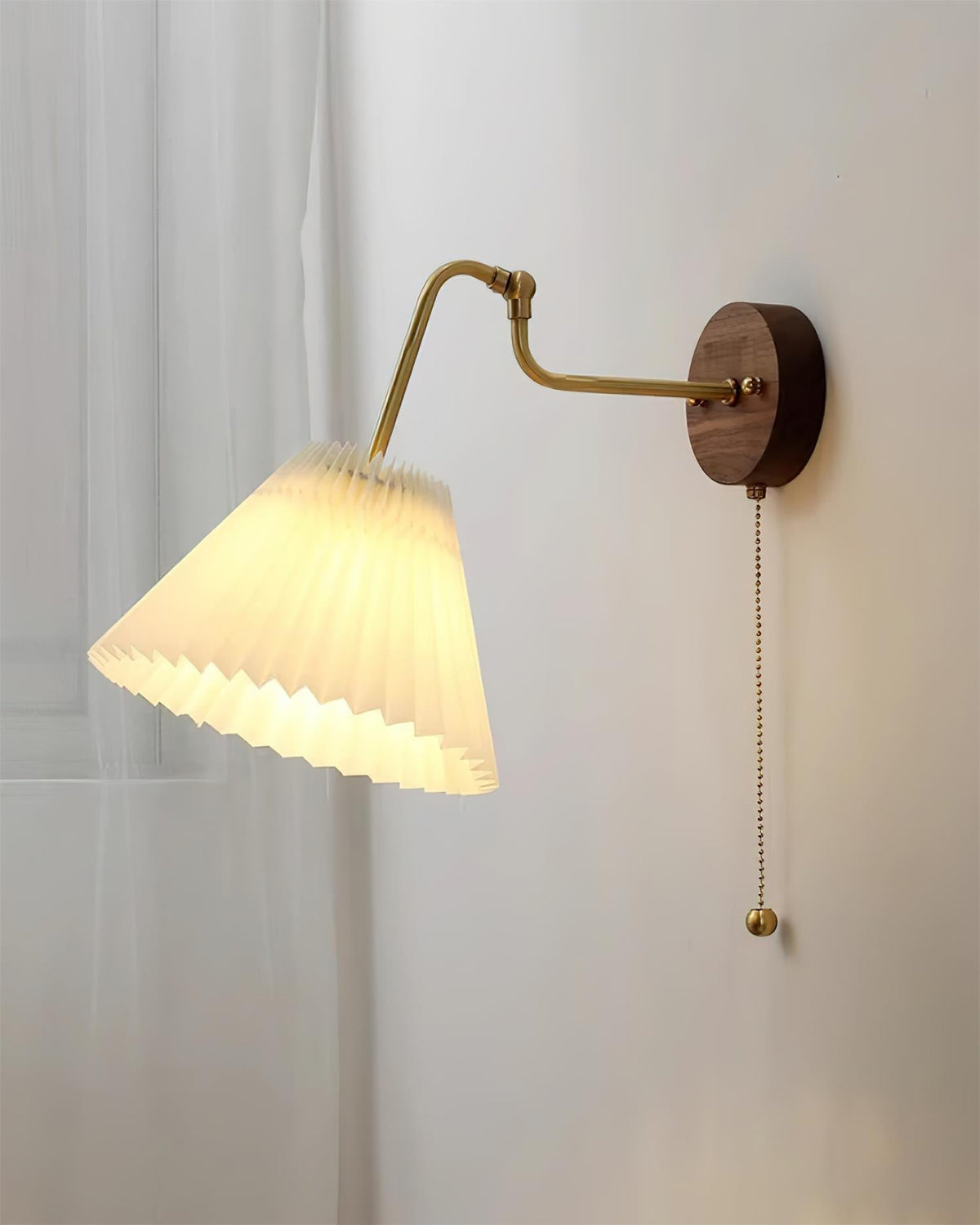 Vintage Brass & Walnut Kinkiet z kloszem z płótna ze składek