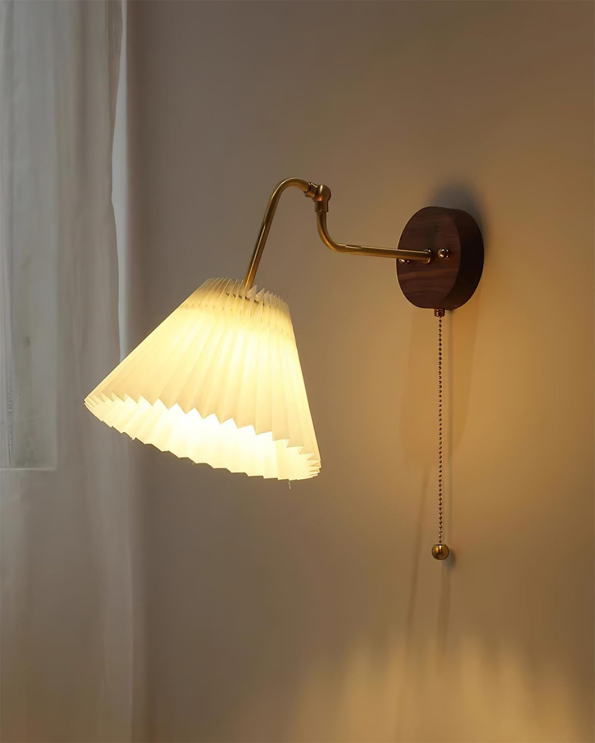 Vintage Brass & Walnut Kinkiet z kloszem z płótna ze składek