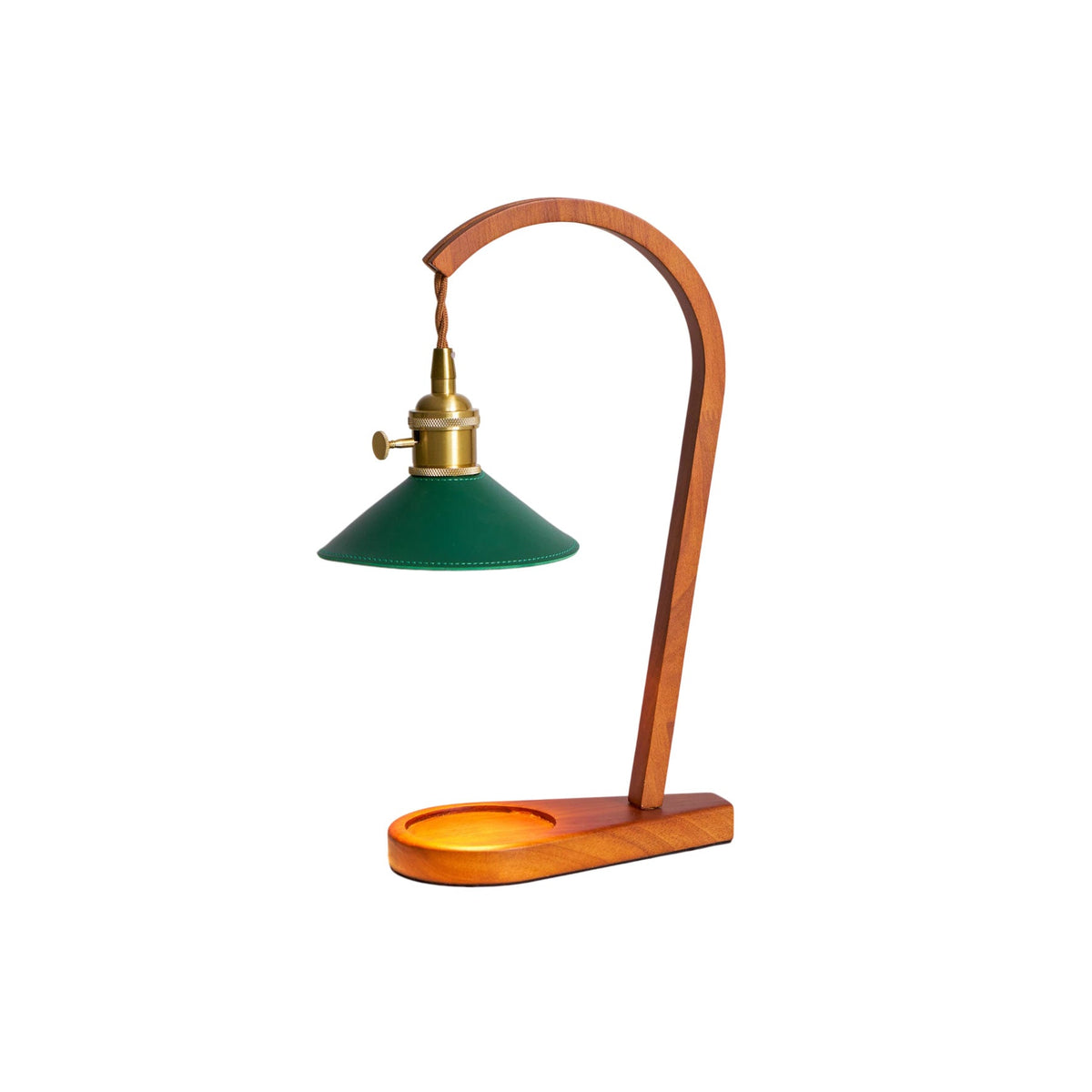 Lampa stołowa Oreliira z drewna orzechowego i kloszem ze skóry w kolorze zielonym