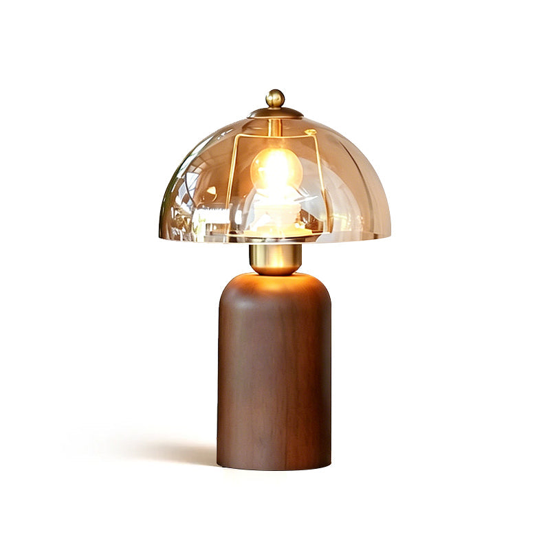 Lampa stołowa Cielum z kloszem ze szkła miodowego i podstawą z drewna orzechowego