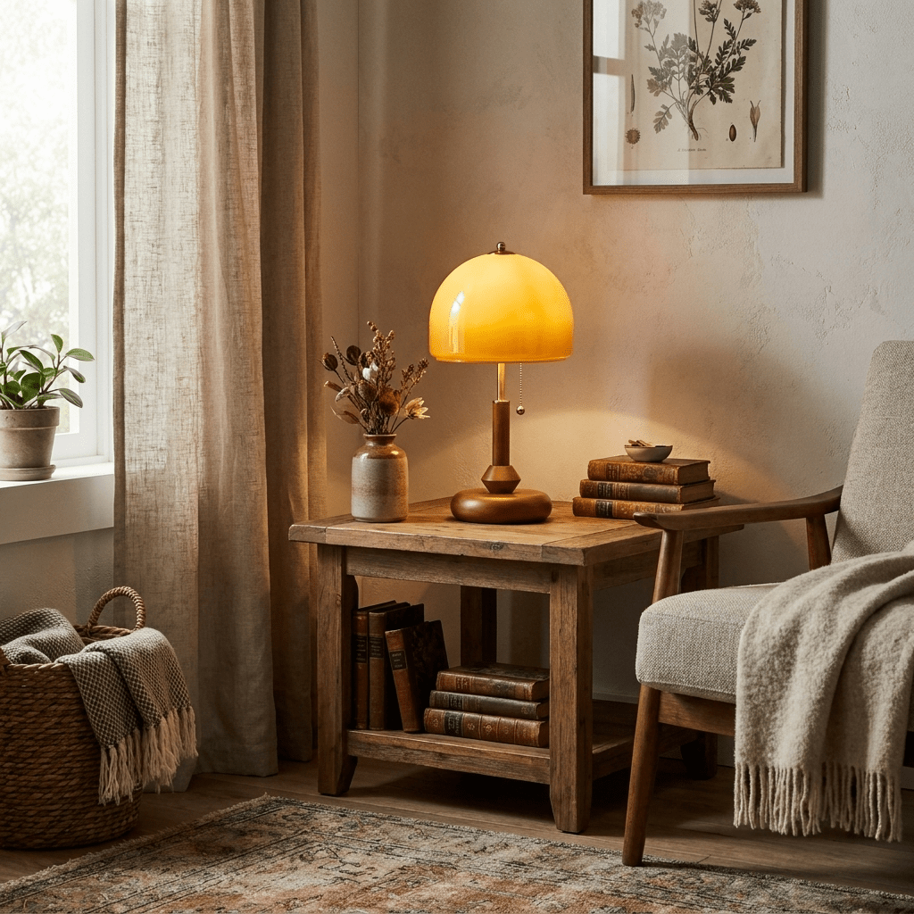 Lampa stołowa z drewna w kolorze orzechowym