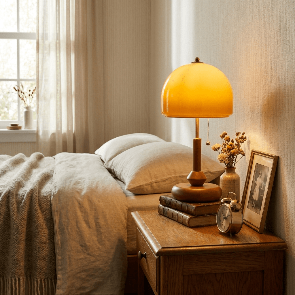 Lampa stołowa z drewna w kolorze orzechowym