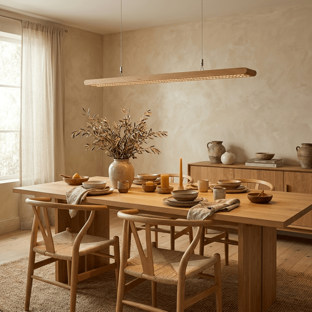 Lampa wisząca liniowa z drewnianymi żaluzjami
