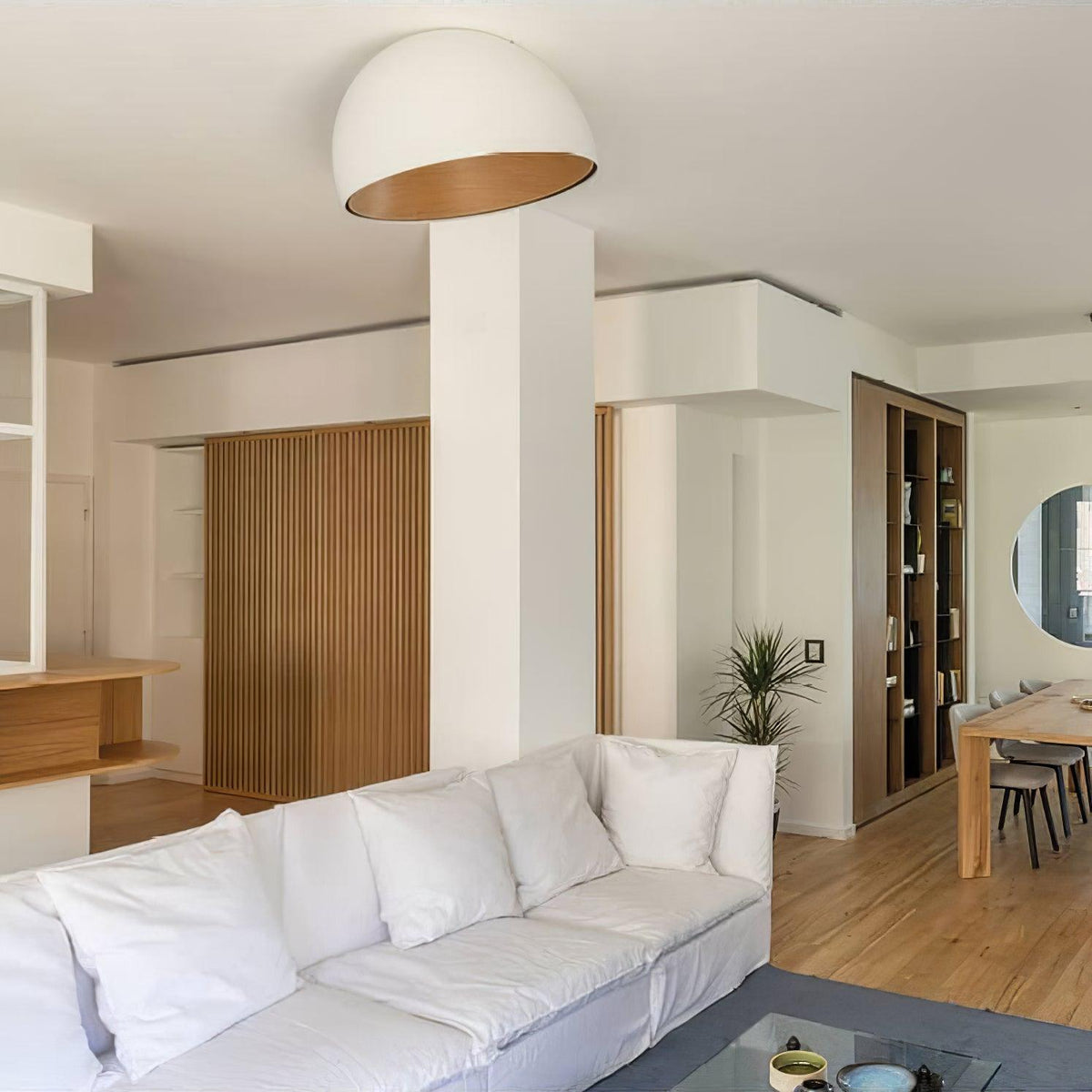 Flanel lampa sufitowa kopuła drewno wewnątrz ciepła nowoczesna minimalistyczna salon | Cielum