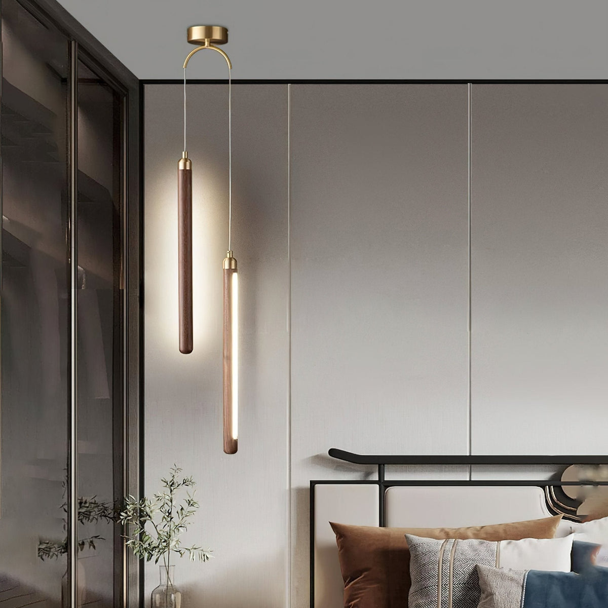 Kyoto liniowa lampa wisząca ze szkła i drewna orzechowego