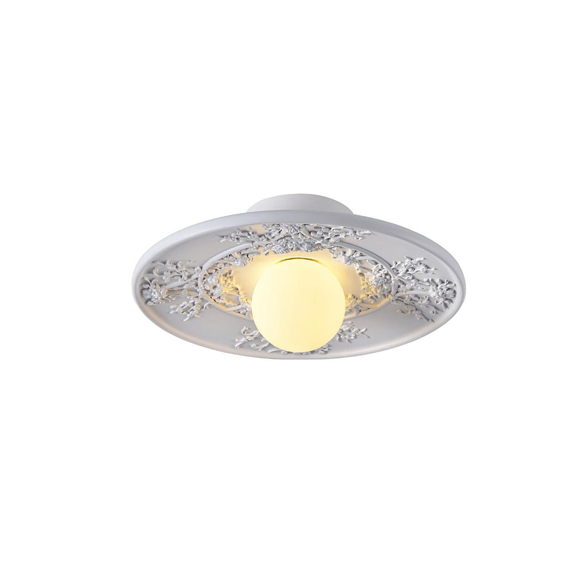 Lampy sufitowe Lace w kolorze białym z laserowo ciętą koronką i kulistą lampą centralną
