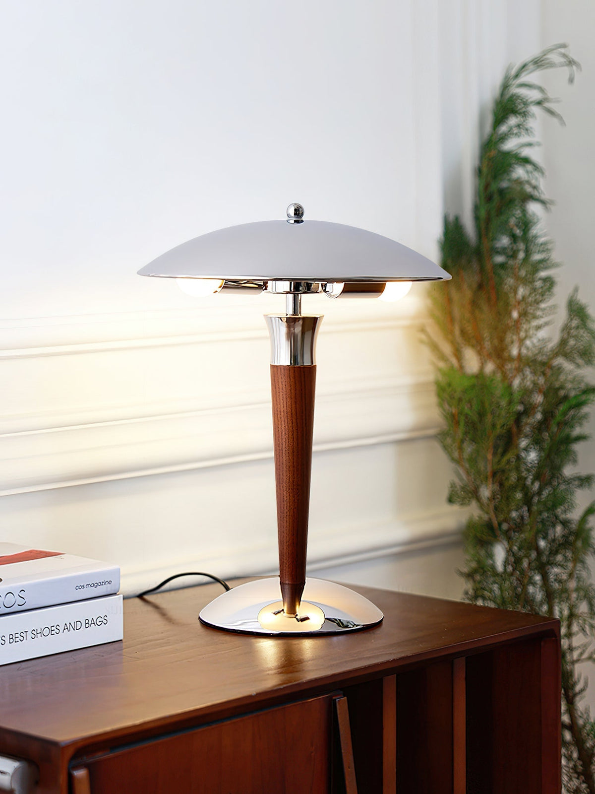 Orion Luxe lampa stołowa w stylu minimalistycznym ze szkła i drewna