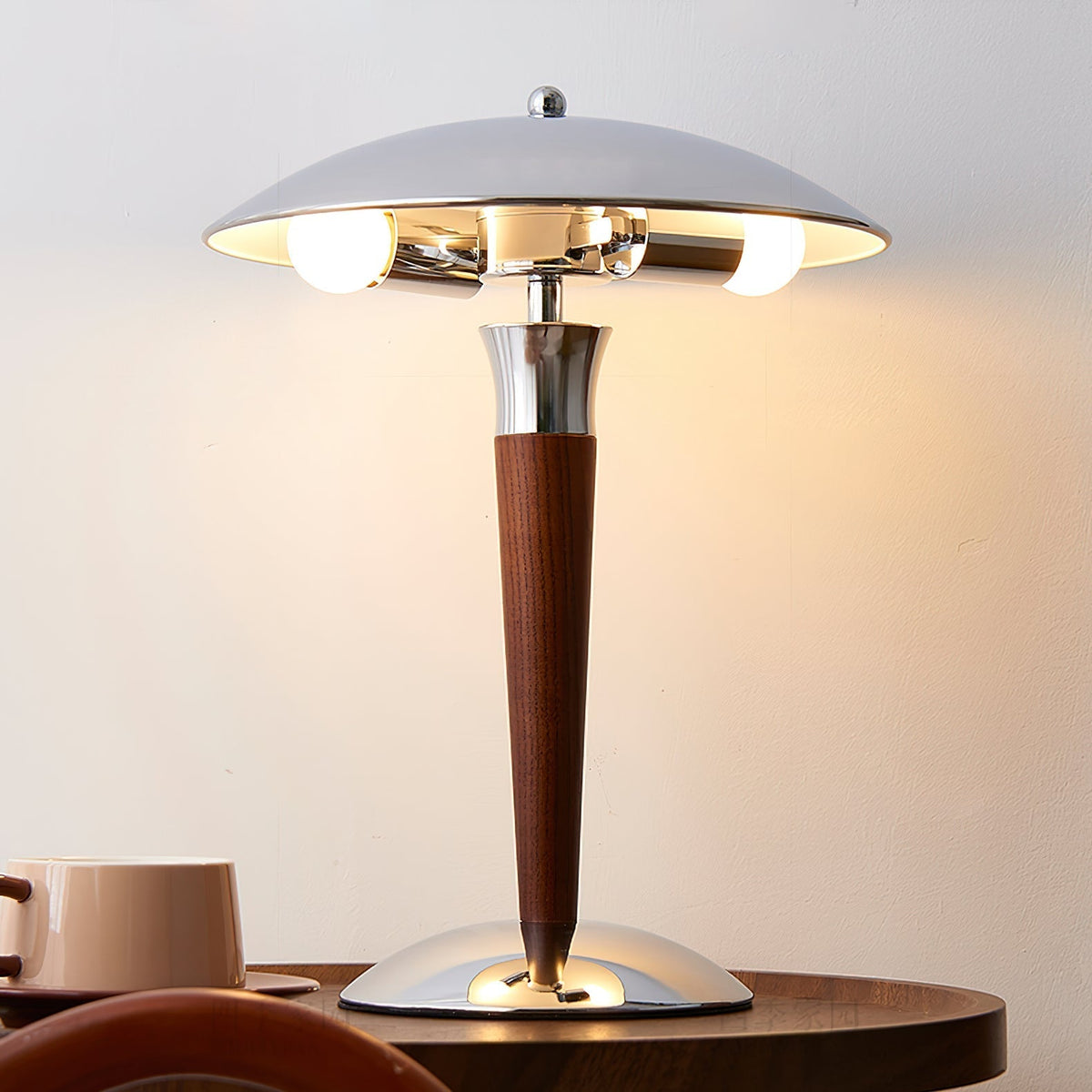 Orion Luxe lampa stołowa w stylu minimalistycznym ze szkła i drewna