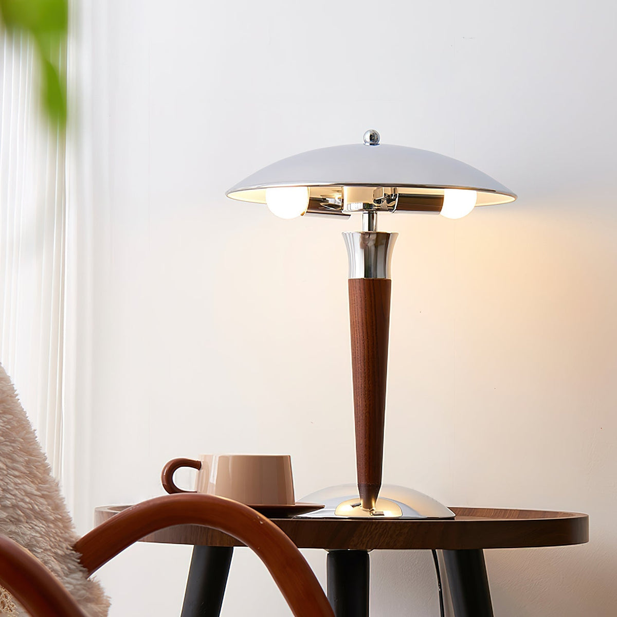 Orion Luxe lampa stołowa w stylu minimalistycznym ze szkła i drewna