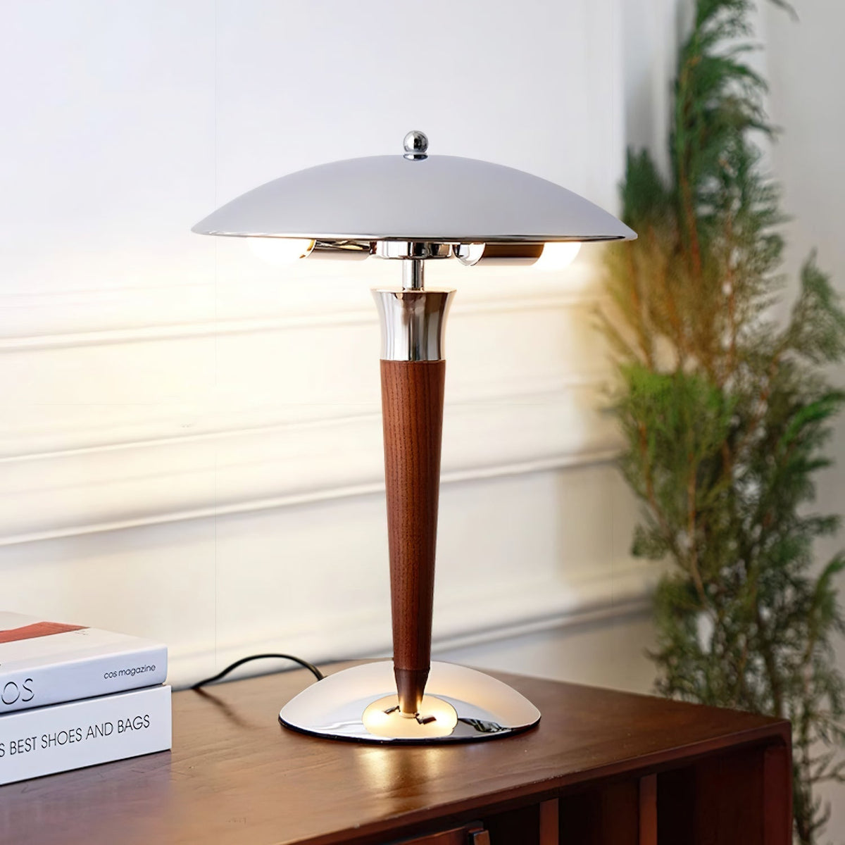 Orion Luxe lampa stołowa w stylu minimalistycznym ze szkła i drewna