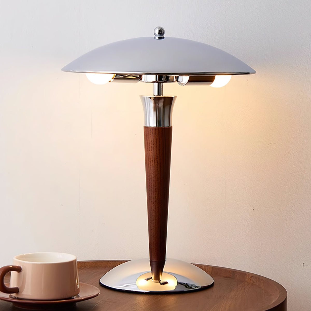 Orion Luxe lampa stołowa w stylu minimalistycznym ze szkła i drewna