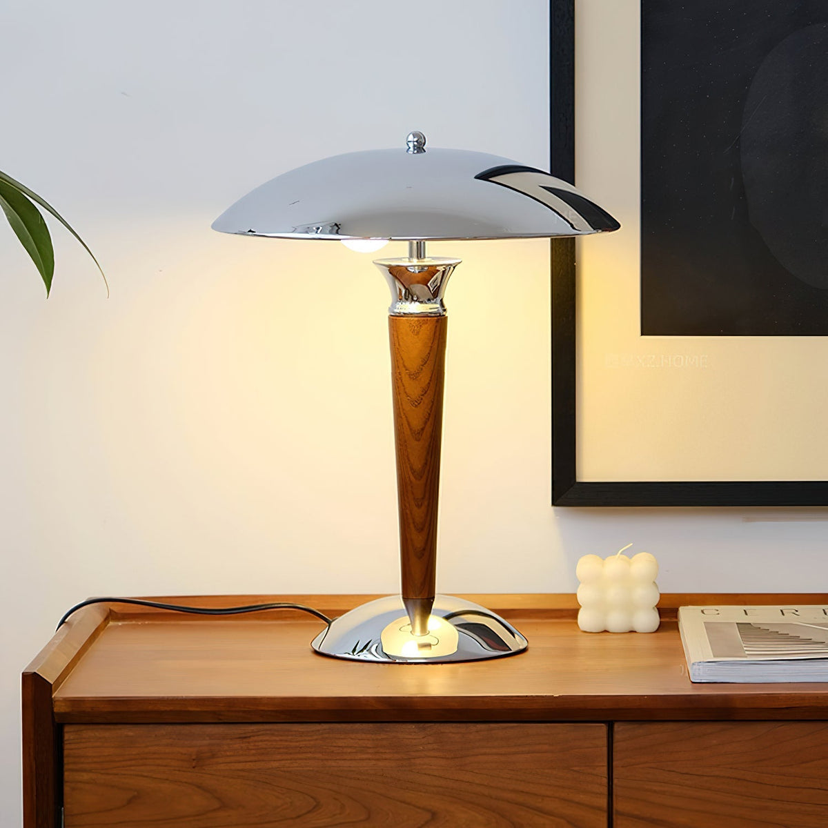 Orion Luxe lampa stołowa w stylu minimalistycznym ze szkła i drewna