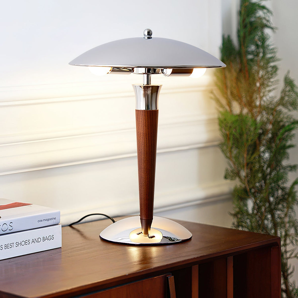 Orion Luxe lampa stołowa w stylu minimalistycznym ze szkła i drewna