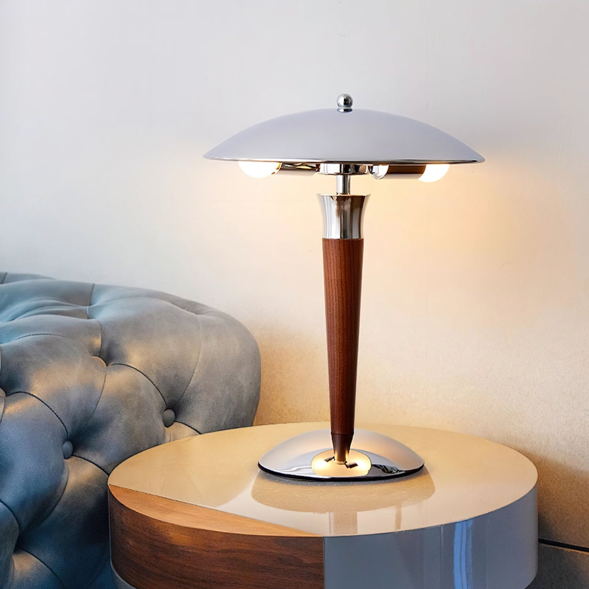 Orion Luxe lampa stołowa w stylu minimalistycznym ze szkła i drewna