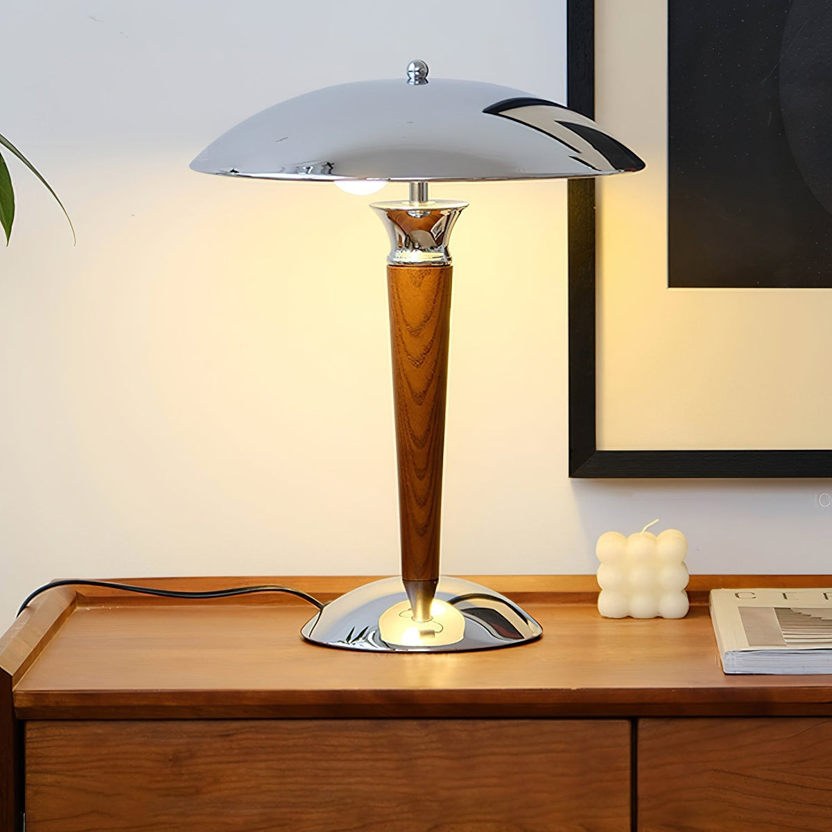 Orion Luxe lampa stołowa w stylu minimalistycznym ze szkła i drewna
