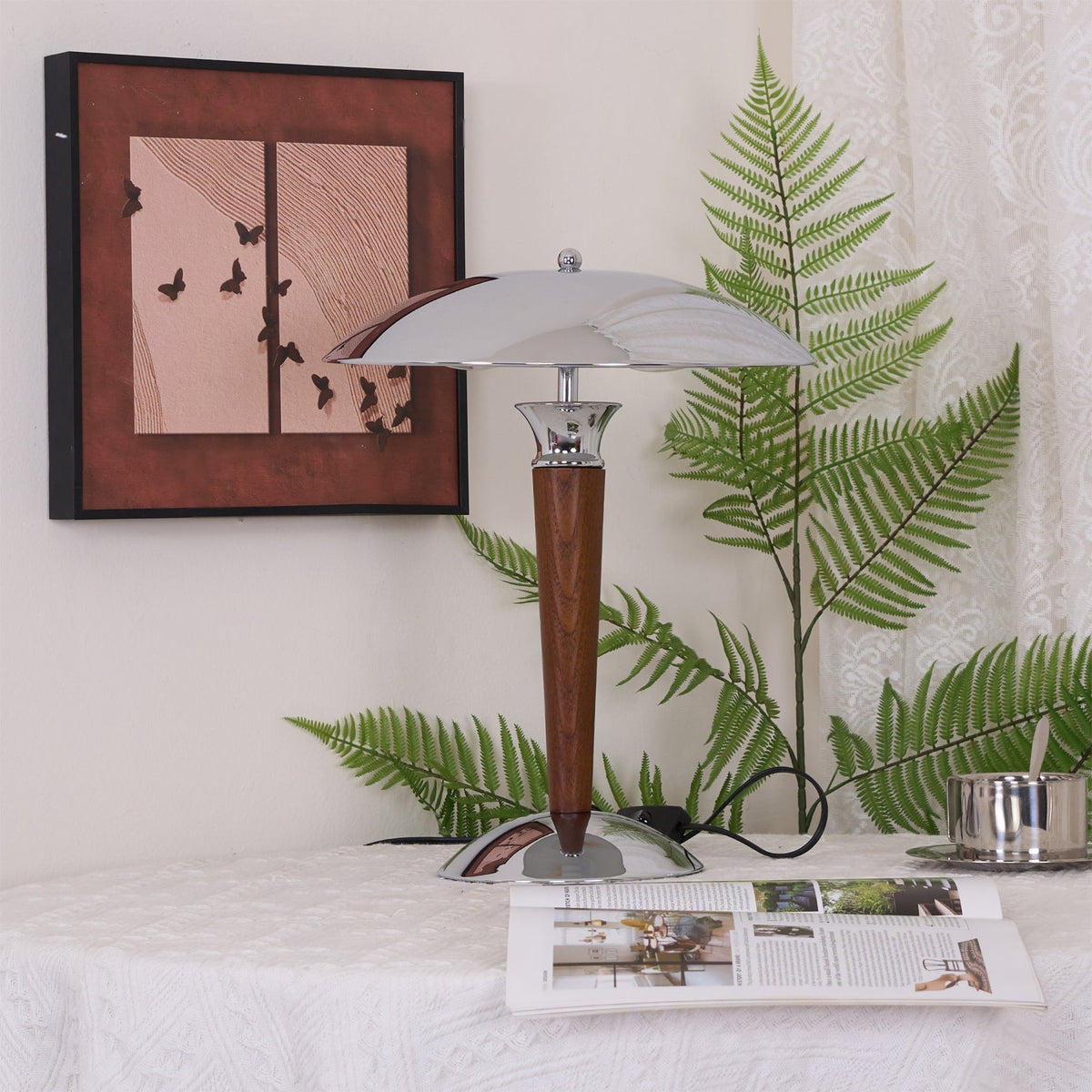 Orion Luxe lampa stołowa w stylu minimalistycznym ze szkła i drewna