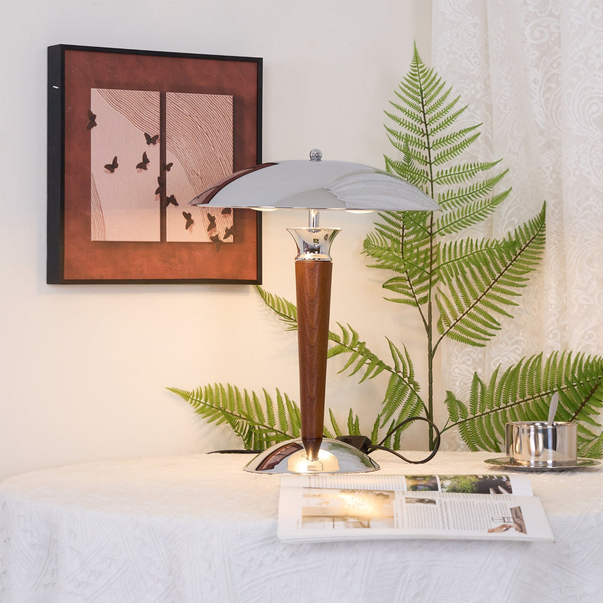 Orion Luxe lampa stołowa w stylu minimalistycznym ze szkła i drewna