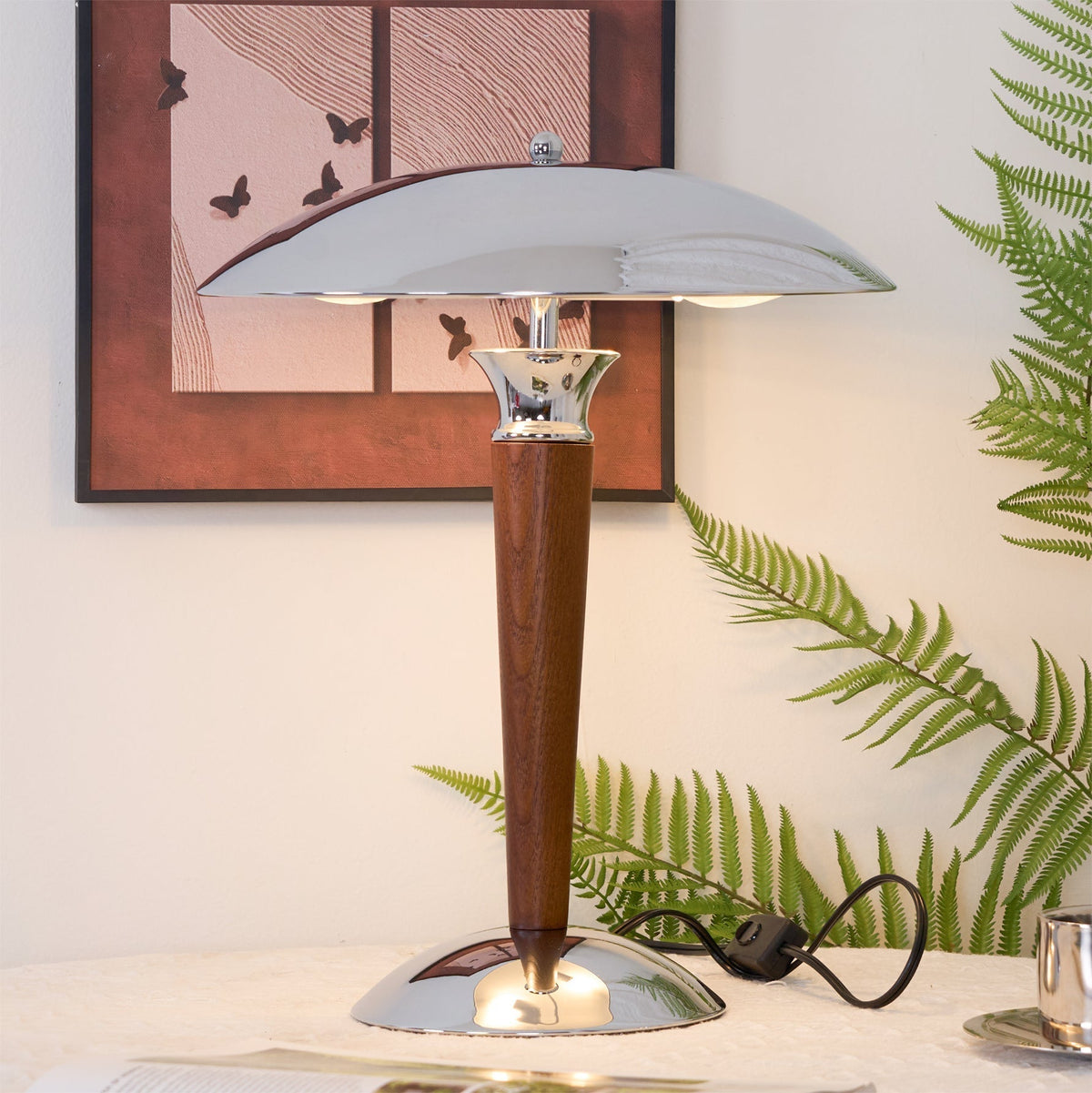 Orion Luxe lampa stołowa w stylu minimalistycznym ze szkła i drewna