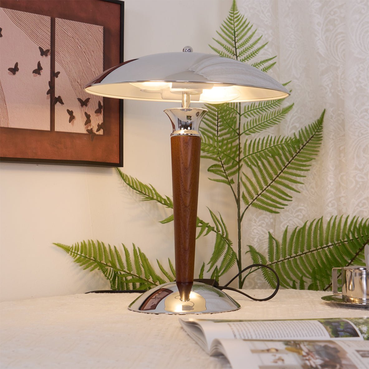 Orion Luxe lampa stołowa w stylu minimalistycznym ze szkła i drewna