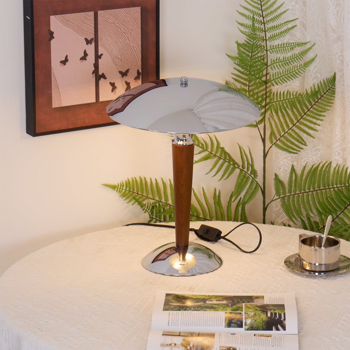 Orion Luxe lampa stołowa w stylu minimalistycznym ze szkła i drewna