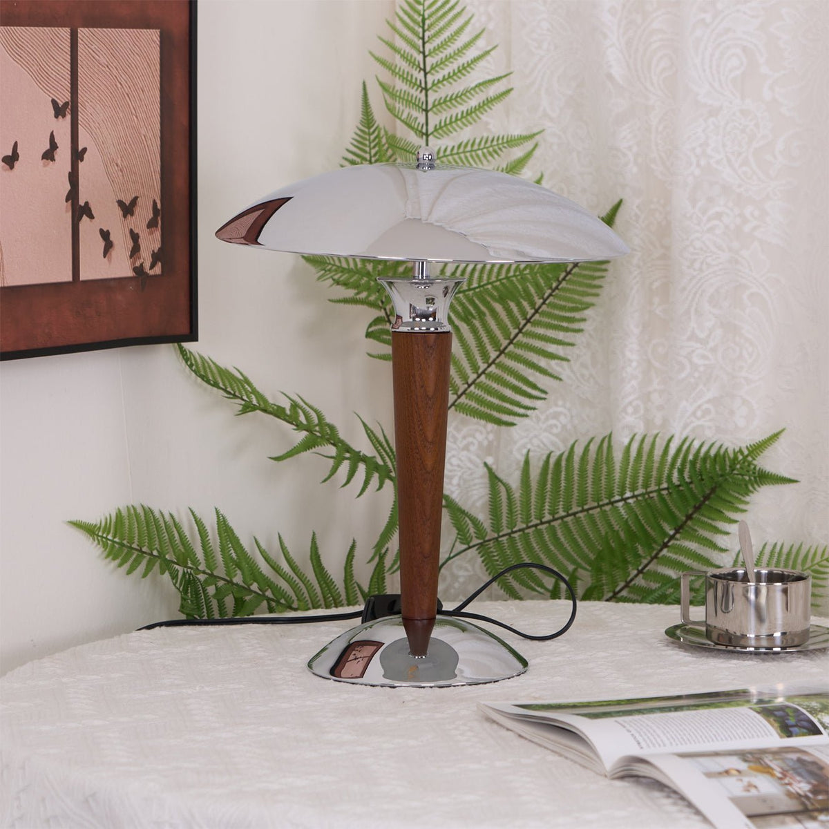 Orion Luxe lampa stołowa w stylu minimalistycznym ze szkła i drewna