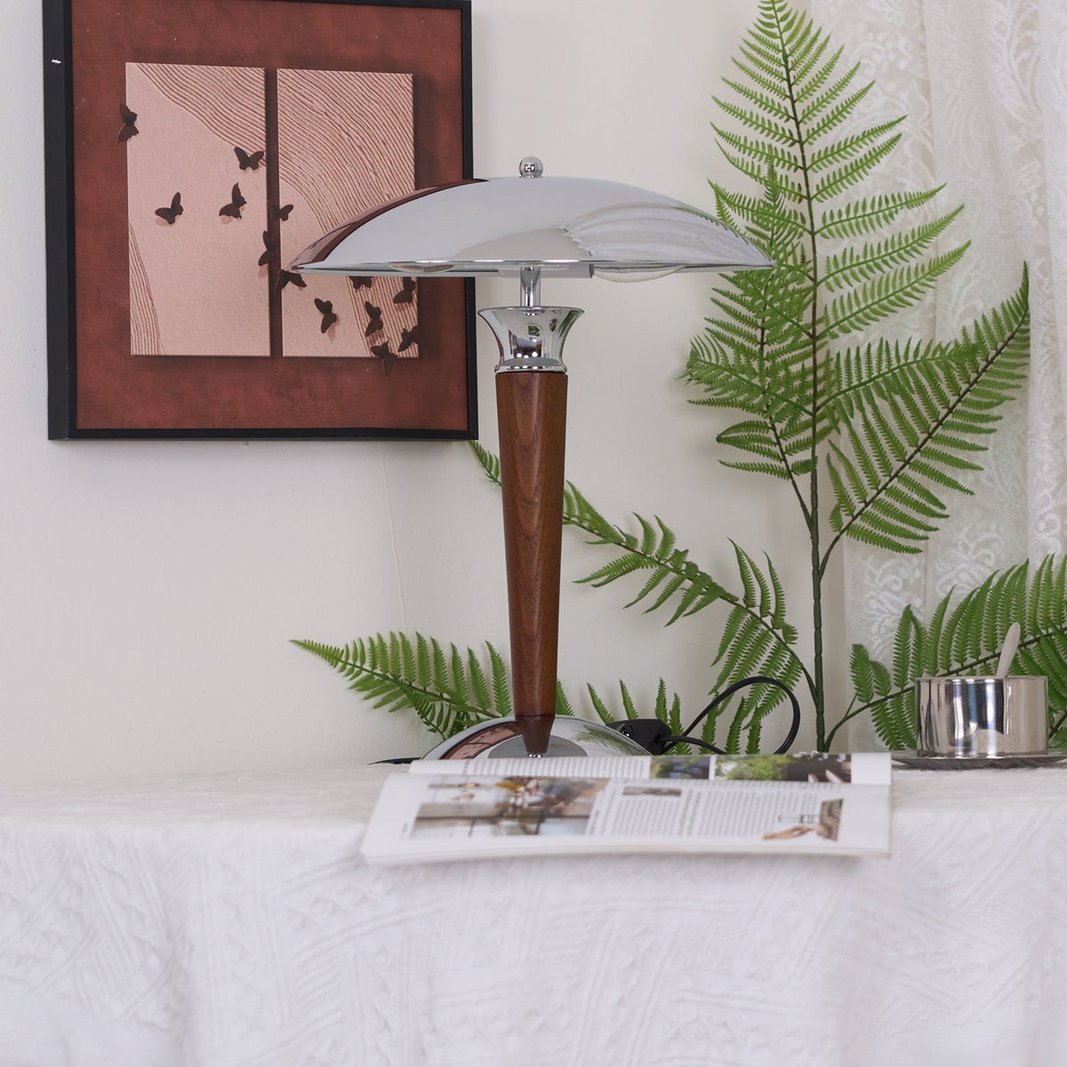 Orion Luxe lampa stołowa w stylu minimalistycznym ze szkła i drewna