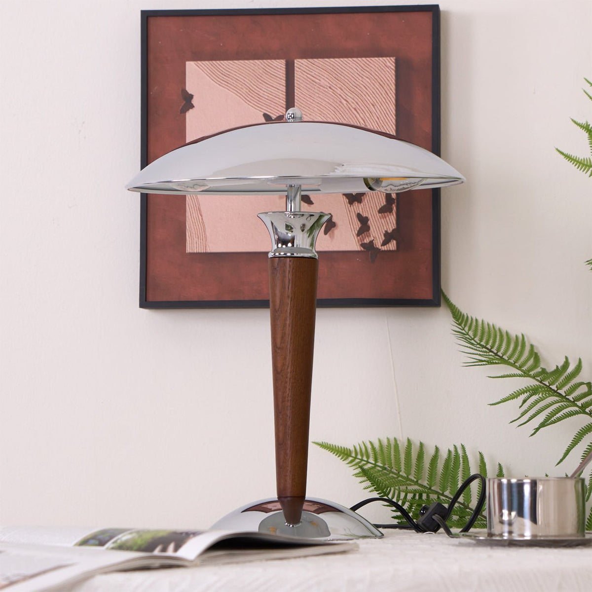 Orion Luxe lampa stołowa w stylu minimalistycznym ze szkła i drewna