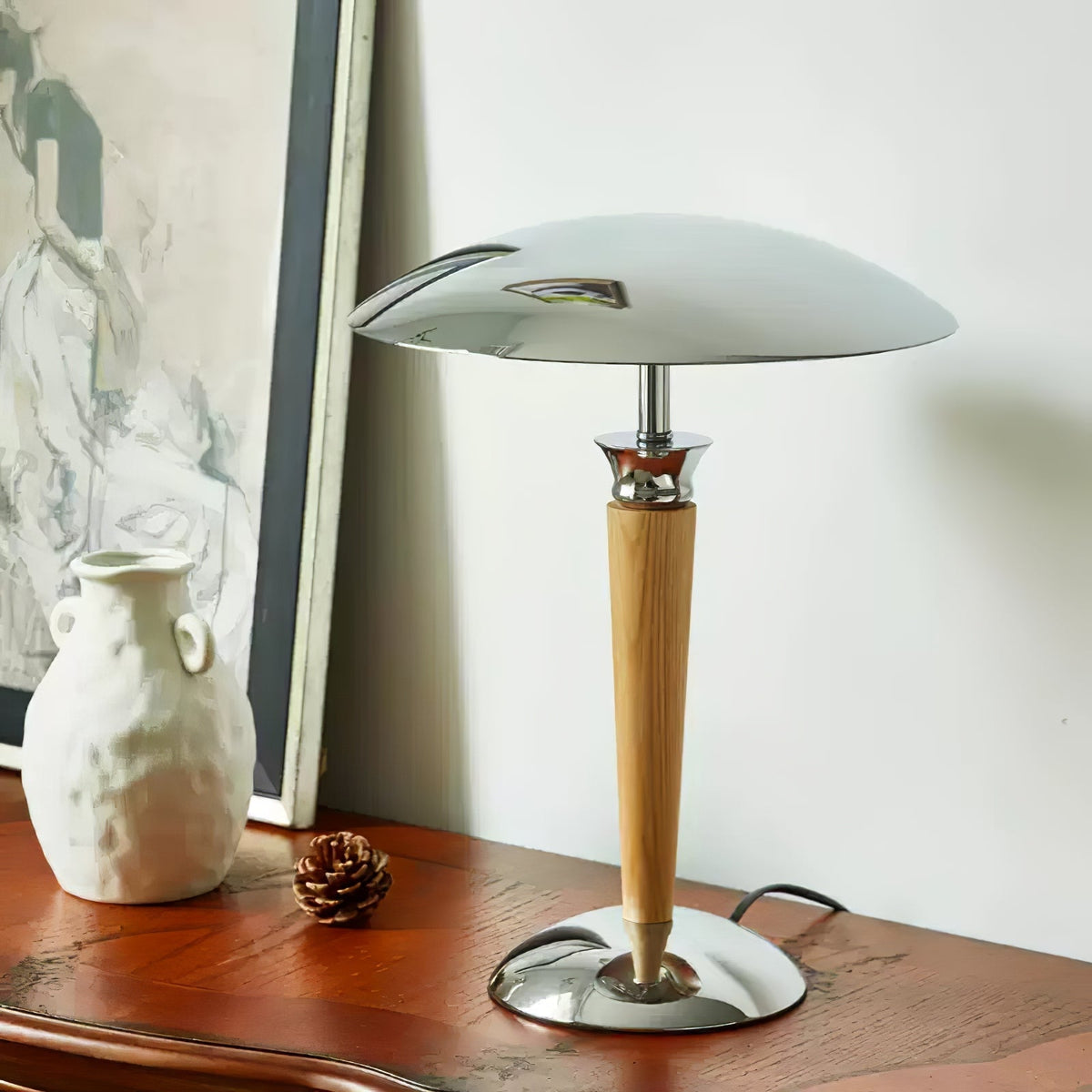 Orion Luxe lampa stołowa w stylu minimalistycznym ze szkła i drewna