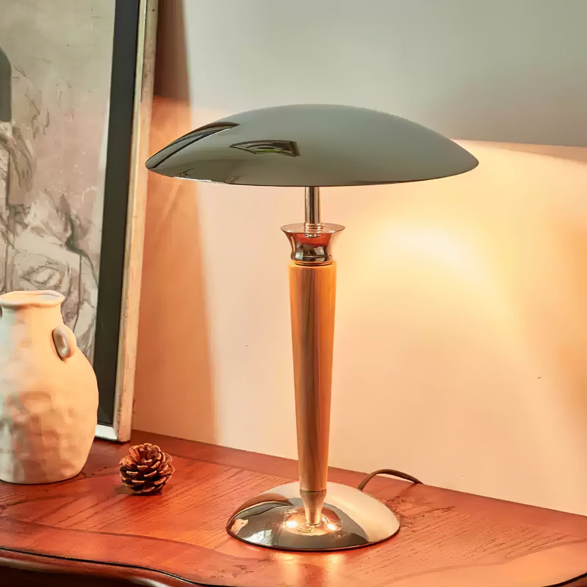 Orion Luxe lampa stołowa w stylu minimalistycznym ze szkła i drewna