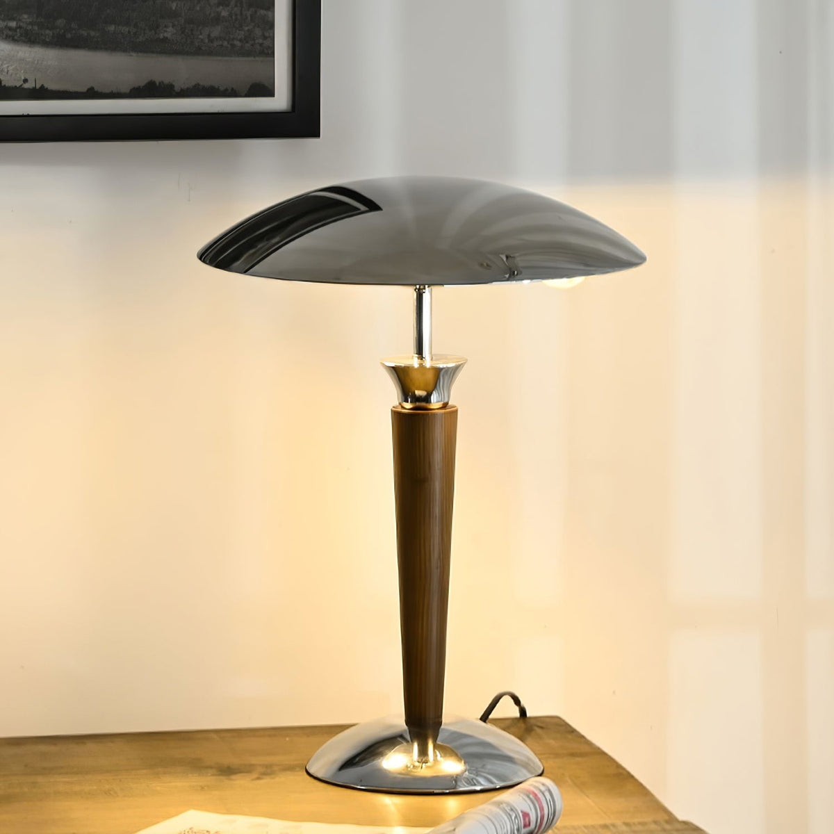 Orion Luxe lampa stołowa w stylu minimalistycznym ze szkła i drewna