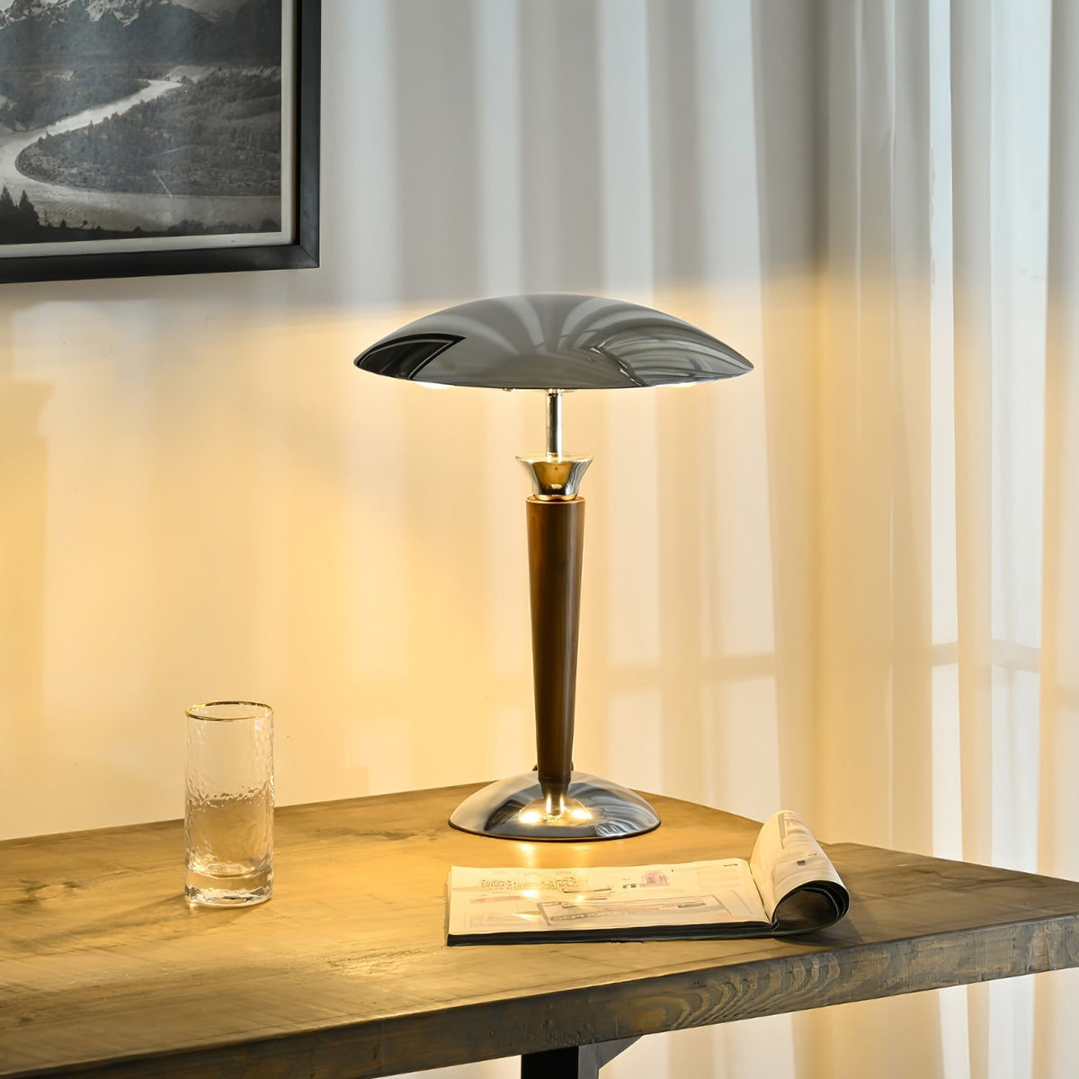 Orion Luxe lampa stołowa w stylu minimalistycznym ze szkła i drewna