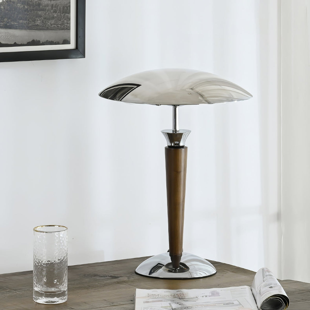 Orion Luxe lampa stołowa w stylu minimalistycznym ze szkła i drewna