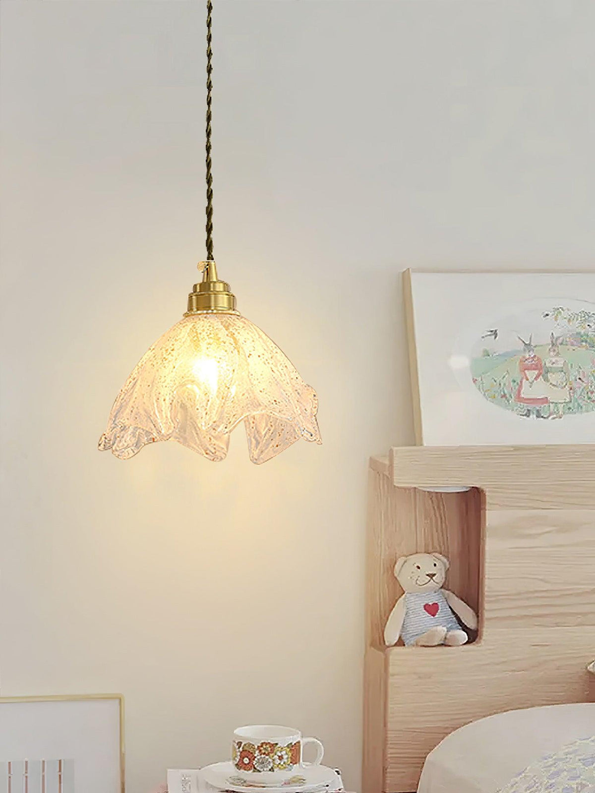 Deveny lampa wisząca mosiądz falowane szkło lotos vintage