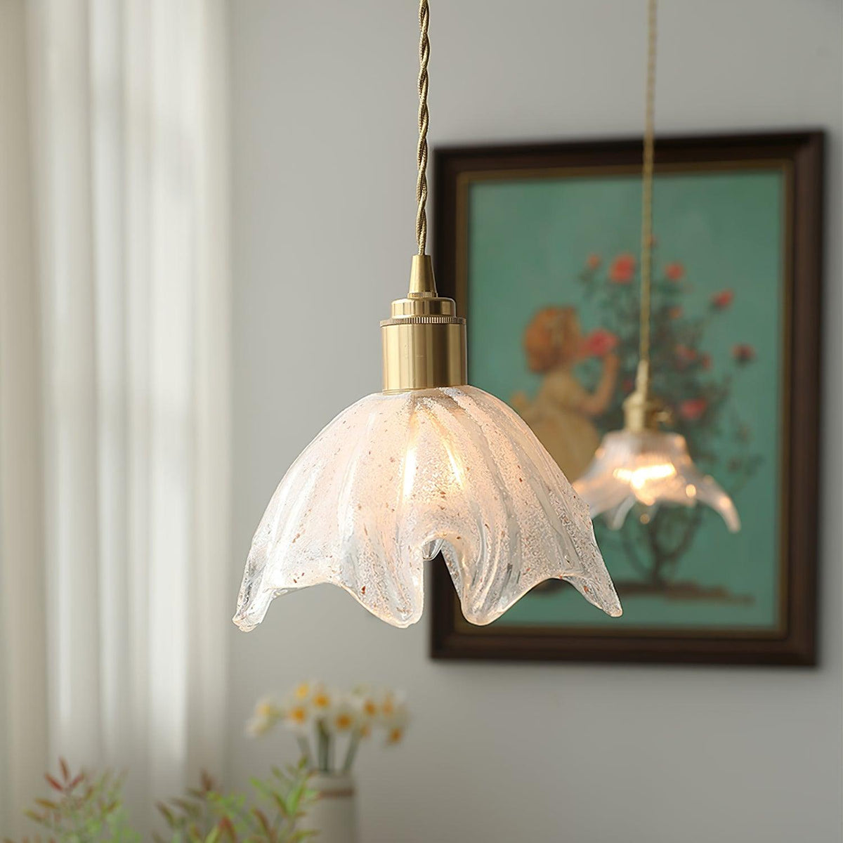 Deveny lampa wisząca mosiądz falowane szkło lotos vintage