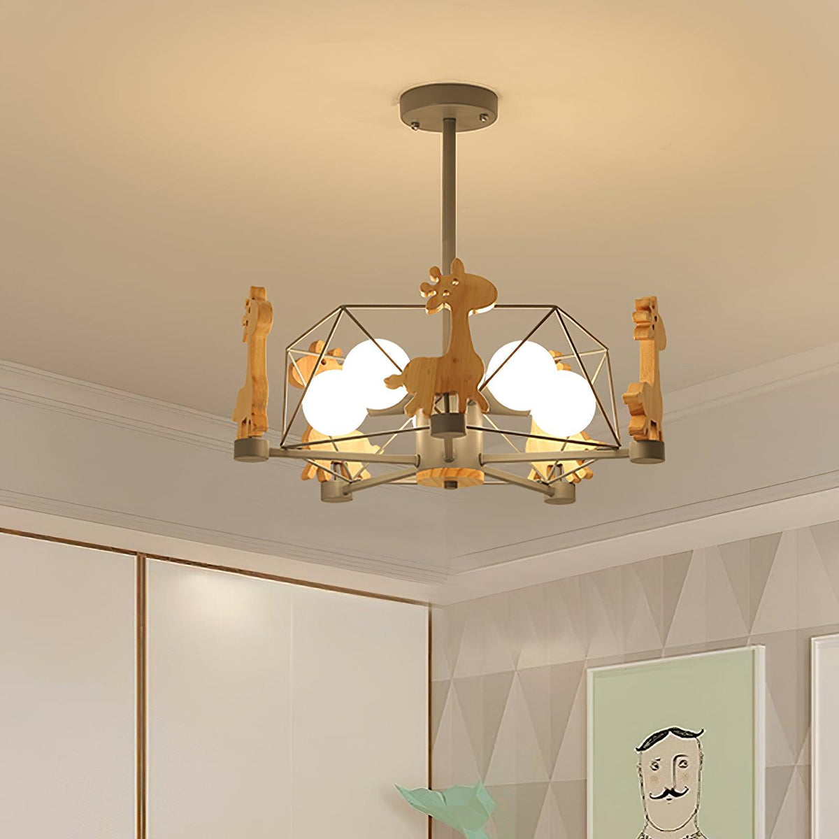 Rinelian żyrandol Lovely Deer Wooden w kolorze zielonym i naturalnym drewnie