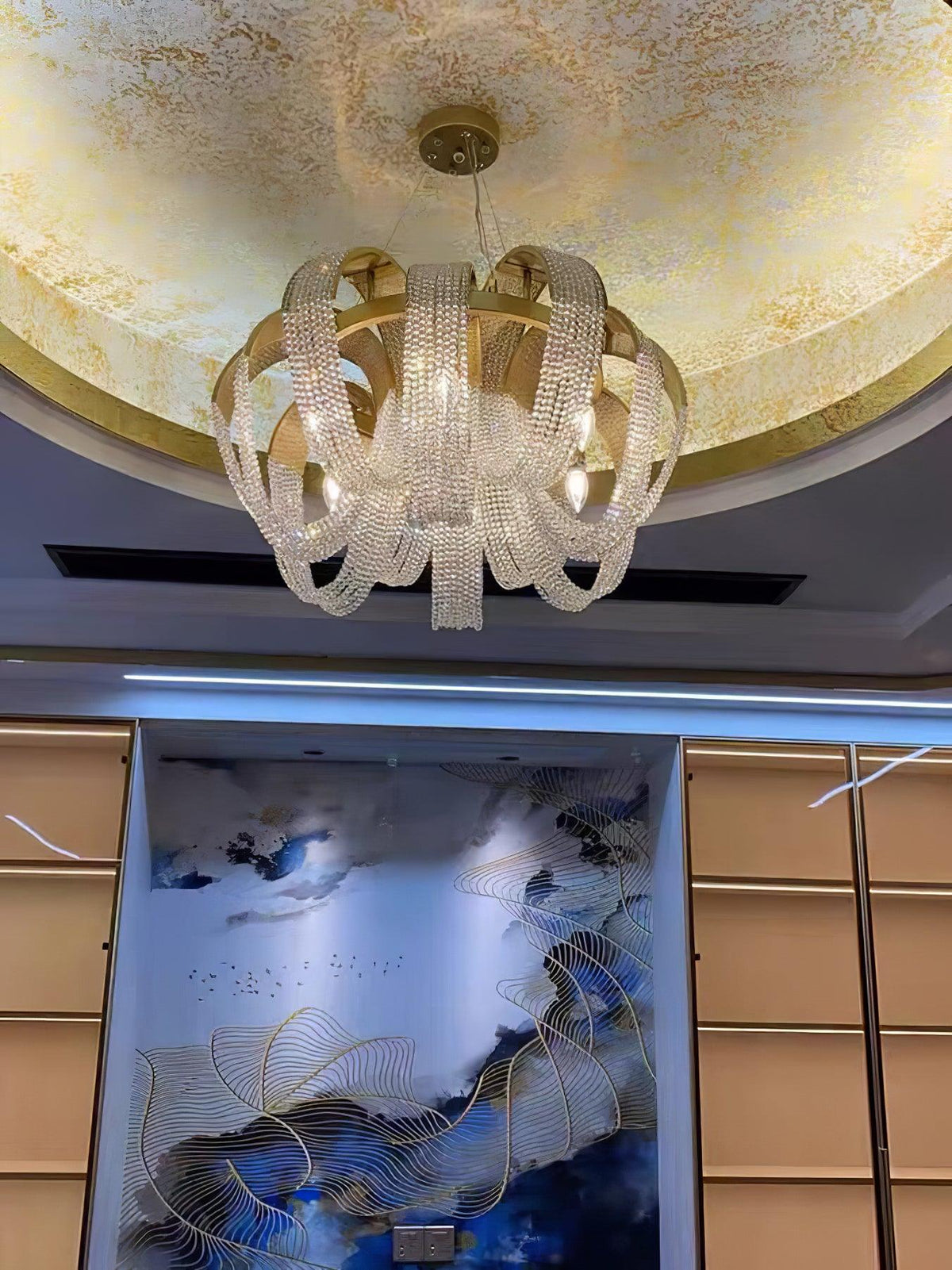 Siv żyrandol ze szkła kryształowego w siatce z efektem wodospadu