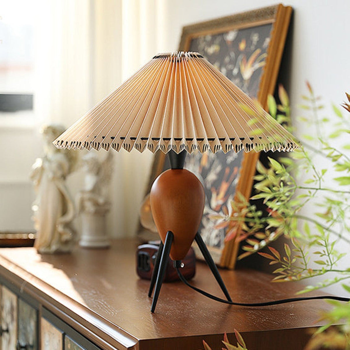 Elyse retro lampa stołowa z drewna i płótna