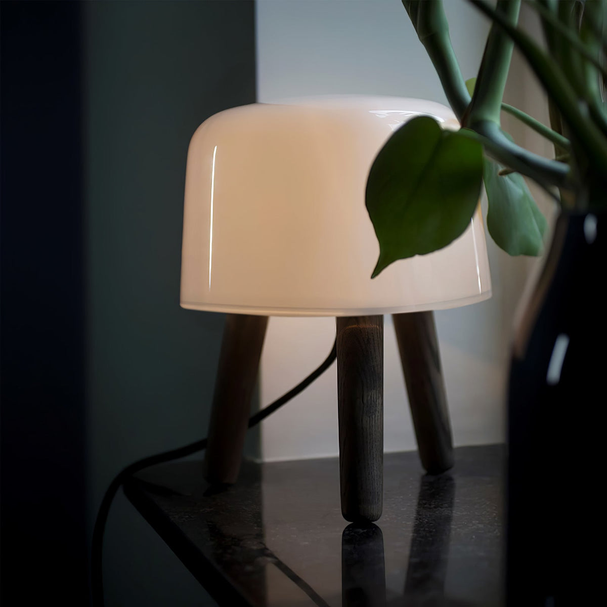 GlowPod lampa stołowa ze szkła i drewna w kolorze naturalnym & biała
